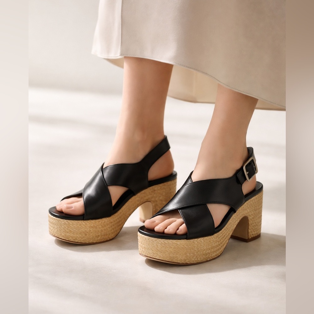 Vince Clementina Black Leather Platform Sandals Raffia Block Heel Size 8.5 NWOT